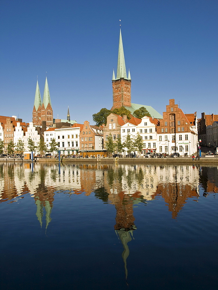 The Old Town at the river Trave under blue sky, Hanseatic City of Luebeck, Schleswig Holstein, Germany