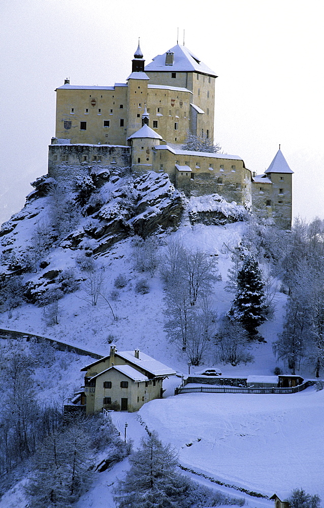 View to Tarasp Castle in the Lower Engadine, Lower Engadine, Engadine, Switzerland