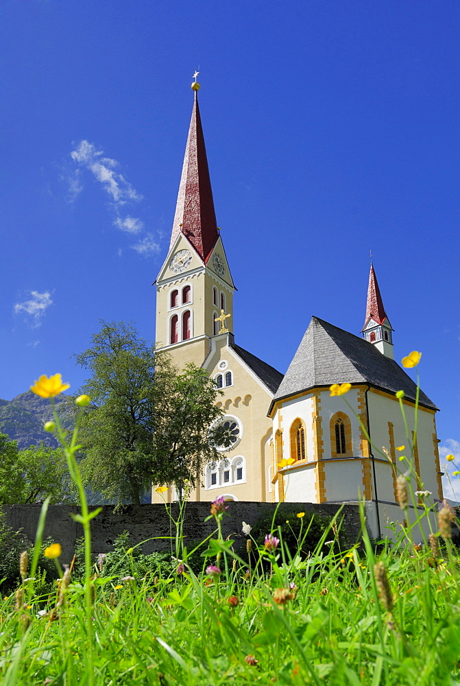 sea of flowers with church in Holzgau, valley Lechtal, Tyrol, Austria