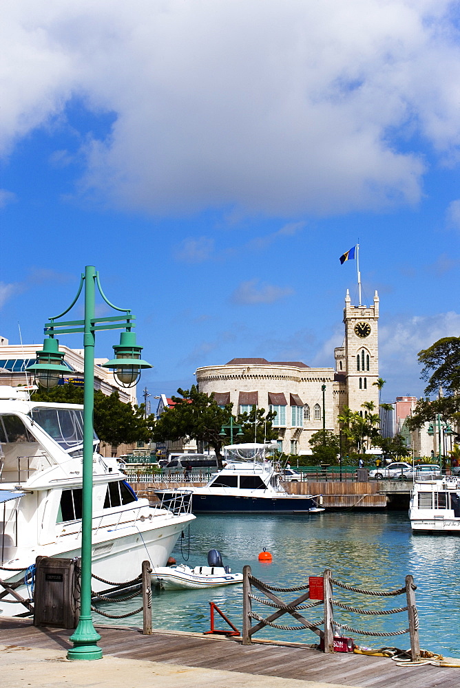 View over marina to parliament building, Bridgetown, Barbados, Caribbean