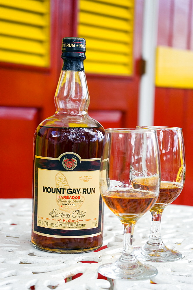 A bottle and two glasses of Mount Gay Rum, Mount Gay Rum Factory, near Bridgetown, Barbados, Caribbean