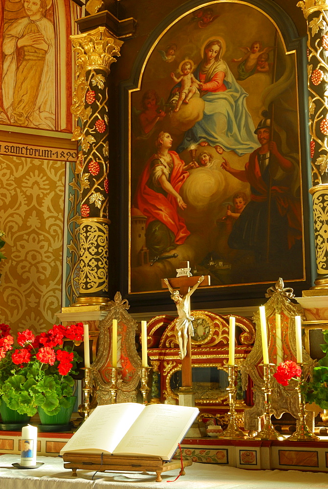 Altar in church St. Barbara, valley Gadertal, Dolomites, South Tyrol, Italy