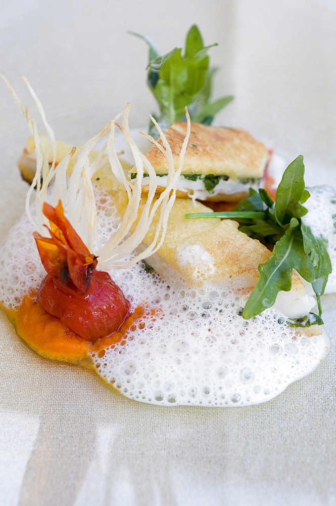 Sandwich with fish, salad and tomato sauce, Restaurant Casala, Hotel Residenz am See, Meersburg, Lake Constance, Baden-Wurttemberg, Germany