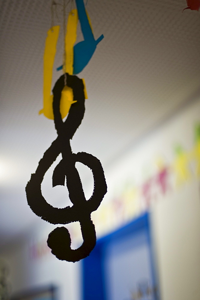 Hand-made music notes and treble clef, G-clef hung up in a school, Music lesson, School, Decoration