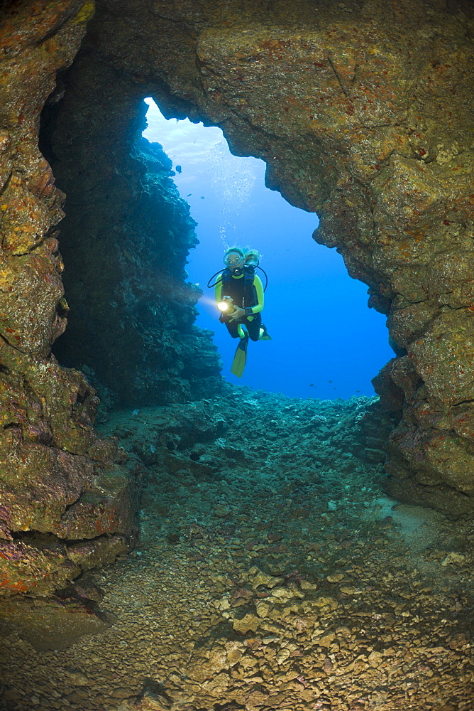 Diver at Caves of Lava Tubes, Cathedrals of Lanai, Maui, Hawaii, USA