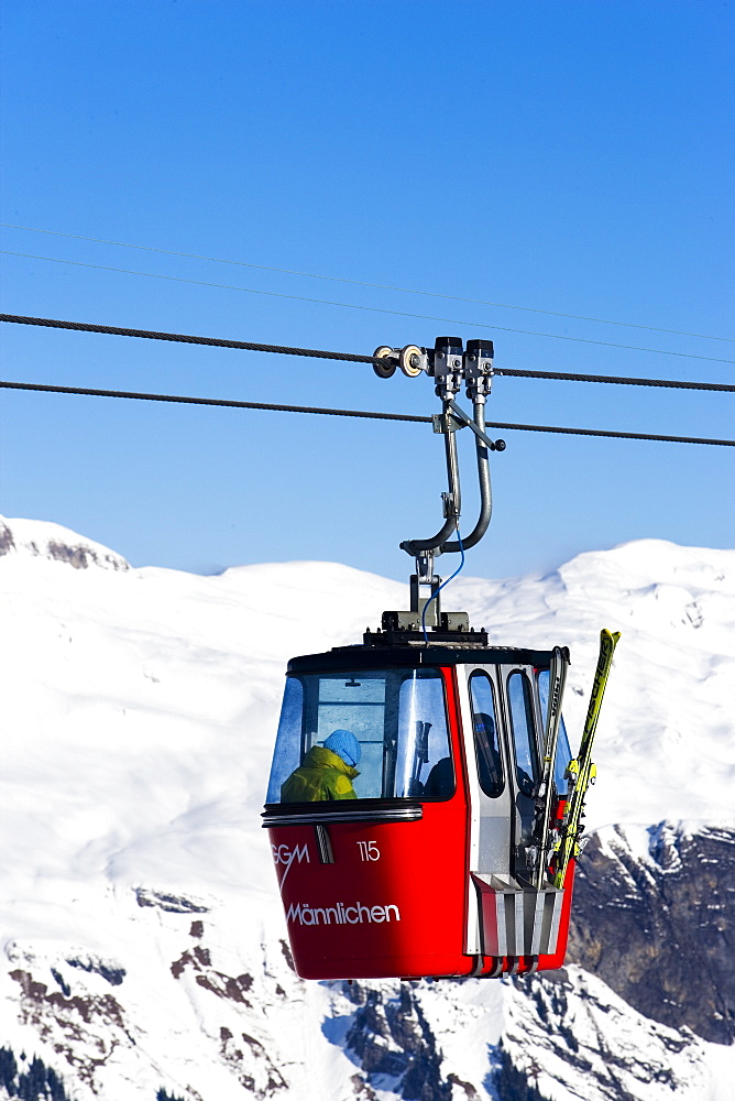 Gondola cable car Grindelwald-Maennlichen (the longest passenger-carrying cable car in the world) passing, Maennlichen, Grindelwald, Bernese Oberland, Canton of Bern, Switzerland