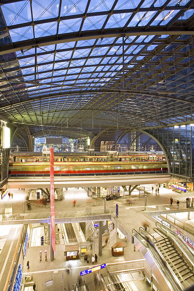 Interior view of the Central Station in the evening, Berlin, Germany, Europe