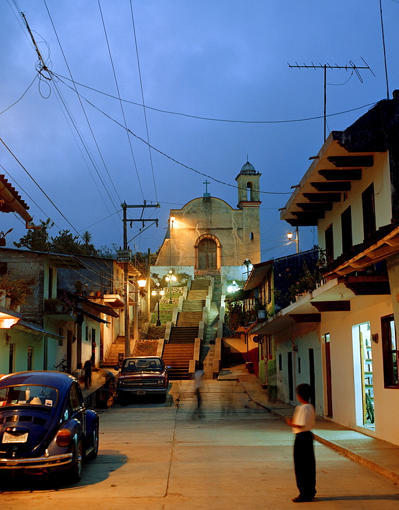 View at the church of the village Ixtuacan de los Reyes in the evening, Veracruz province, Mexico, America