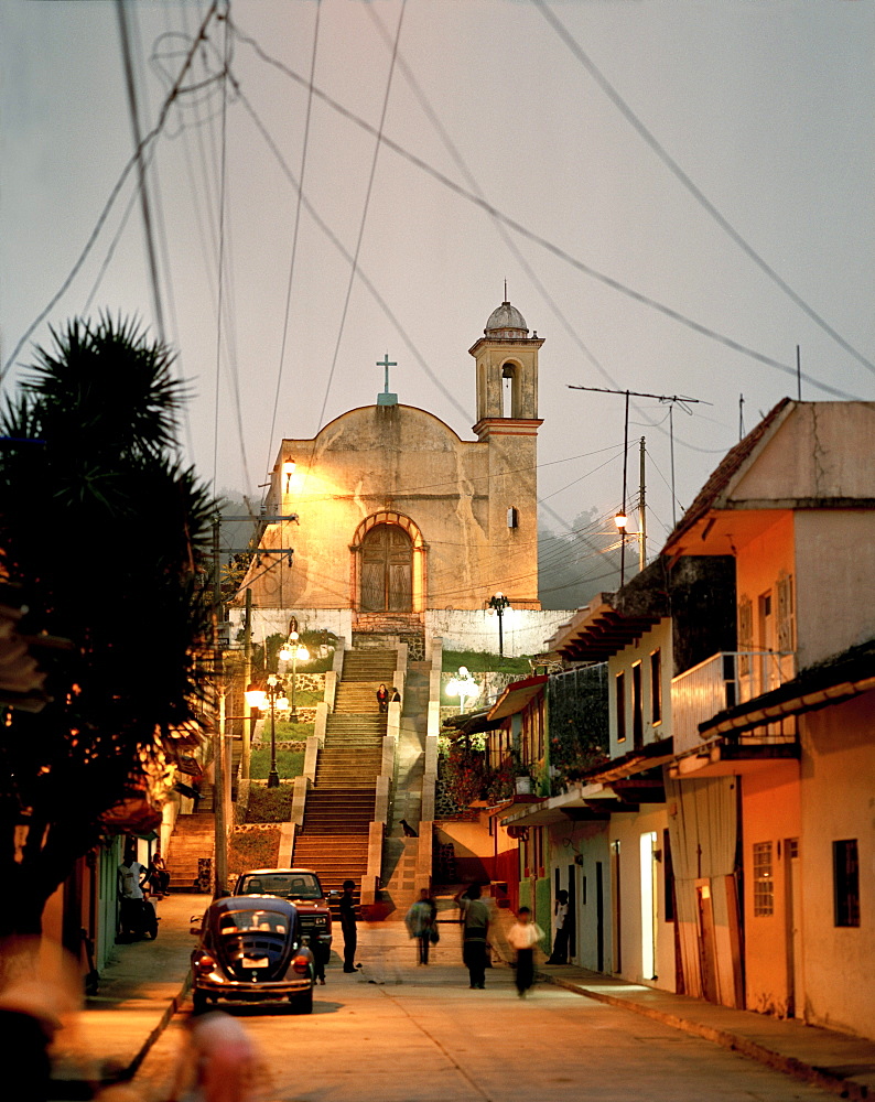 View at the church of the village Ixtuacan de los Reyes in the evening, Veracruz province, Mexico, America