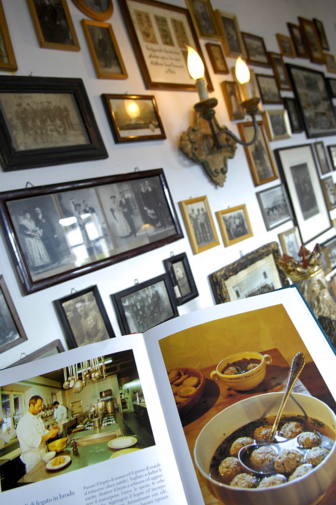 Wall with pictures, interior view of the Hotel Turmwirt, Voels am Schlern, South Tyrol, Italy, Europe