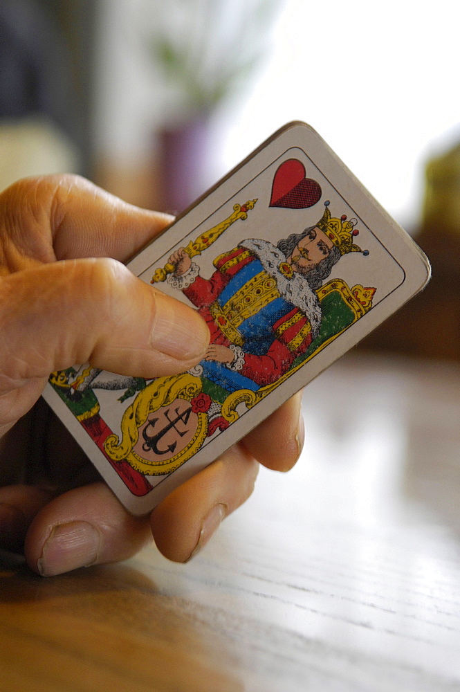 Hand holding playing card, South Tyrol, Italy, Europe