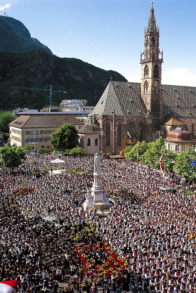 Bolzano cathedral and Walther square with monument, Music bands, Bolzano, South Tyrol, Italy