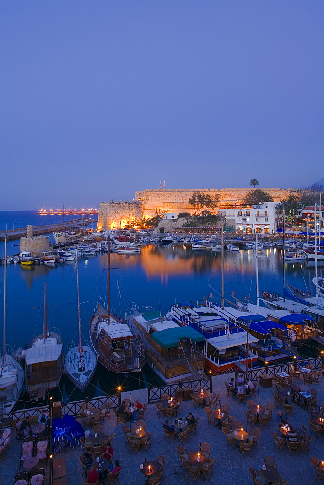 Kyrenia harbour and Kyrenia castle at night, Kyrenia, Girne, North Cyprus, Cyprus