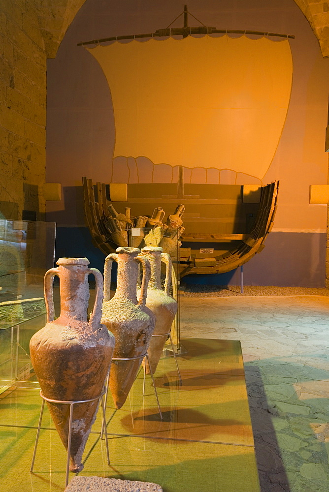 Four amphoras in the Archaeological museum, Shipwreck Museum, Kyrenia Castle, Kyrenia, Girne, North Cyprus, Cyprus