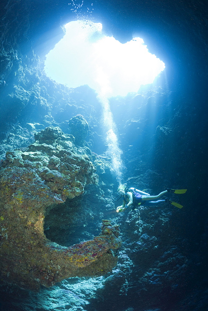 Diver in Blue Hole Cave, Micronesia, Palau