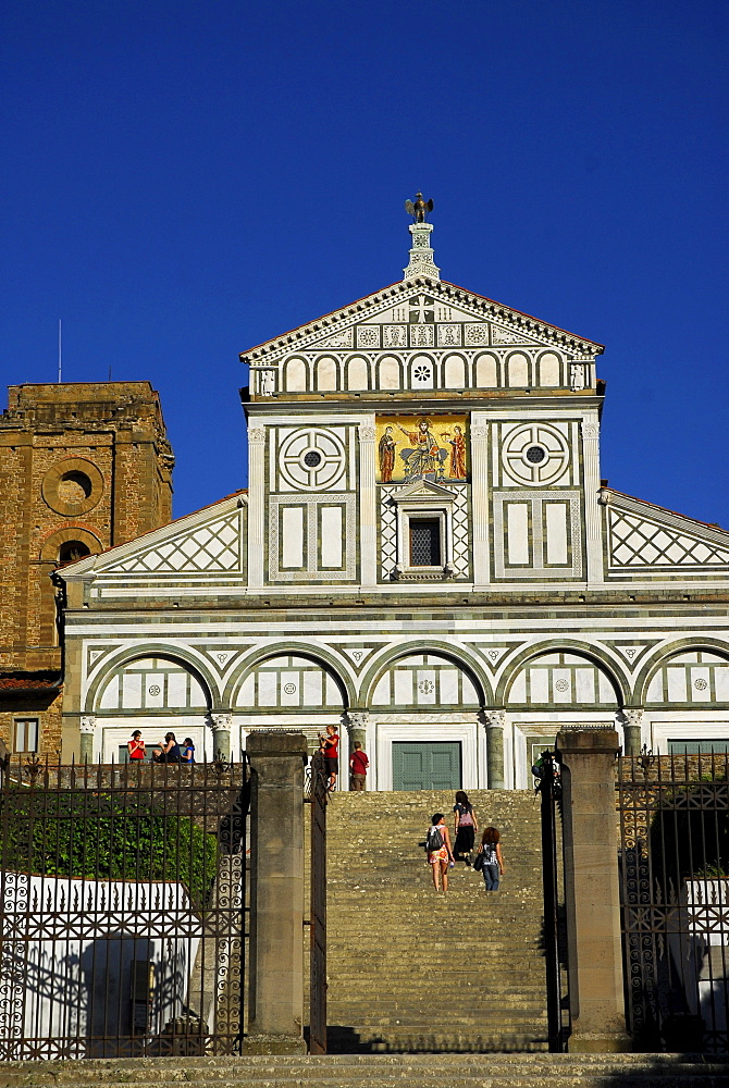 Tourists on the stairs in front of San Miniato al Monte, Florence, Tuscany, Italy, Europe