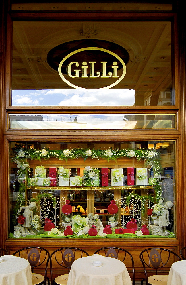 Deserted tables in front of the showcase of the Gilli Cafe, Piazza della Republica, Florence, Tuscany, Italy, Europe