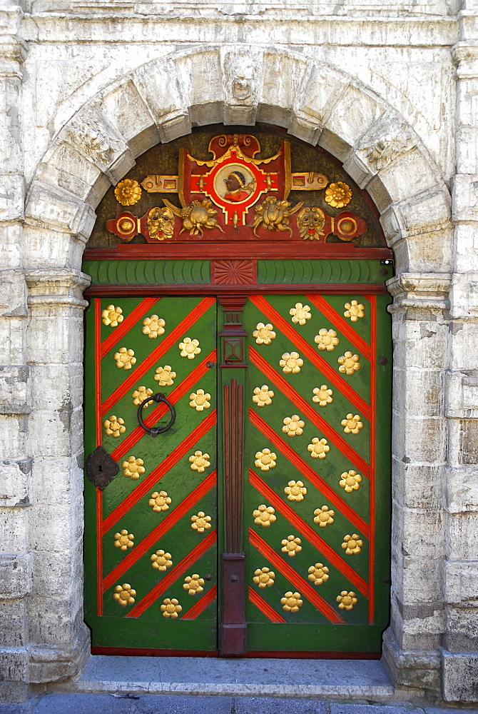 Adorned door of the Blakhad house, Mustpeade Maja, Tallinn, Estonia