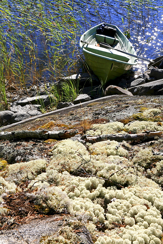 Rowing boat at the shore of an uninhabited island, Saimaa Lake District, Finland, Europe