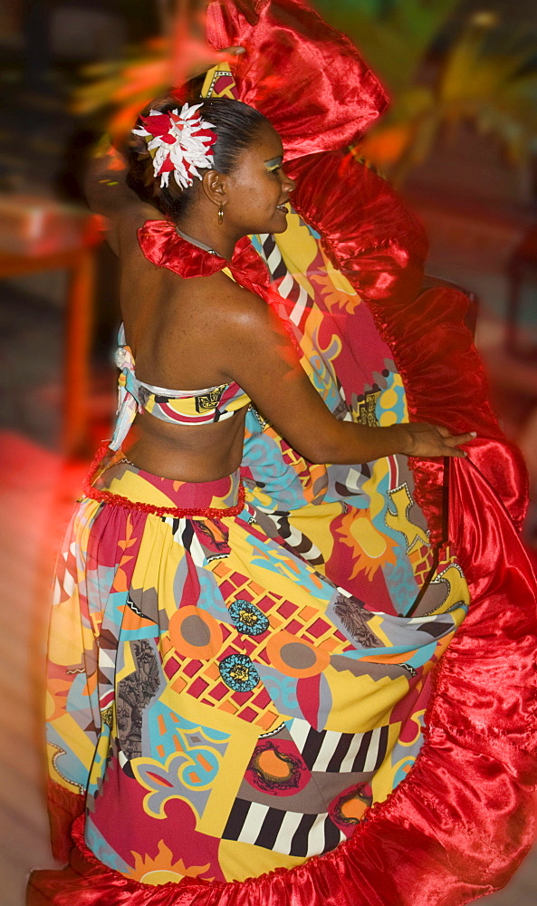 Traditional Sega dancer performing in Hotel Veranda, Troux aux Biches, Mauritius, Africa