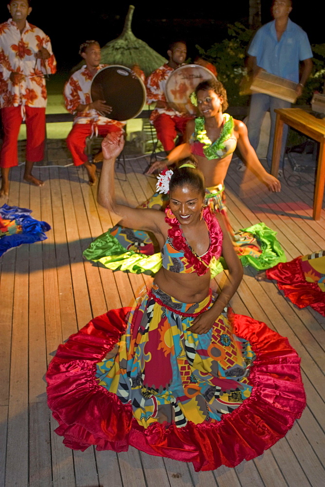 Traditional Sega dancer performing in Hotel Veranda, Troux aux Biches, Mauritius, Africa