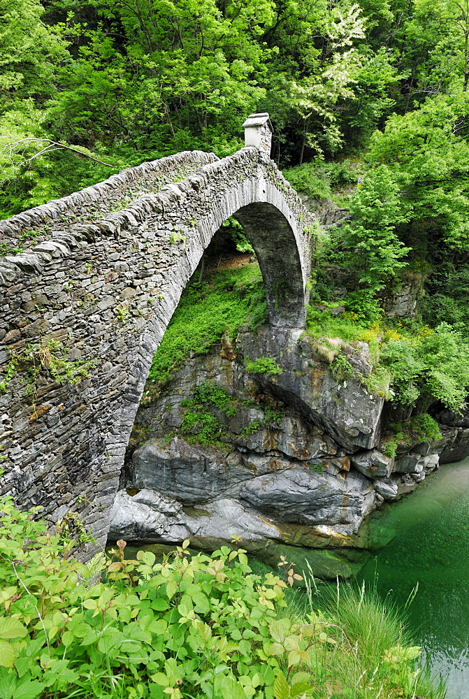 Stone arch bridge Ponte Romano over river Melezza, Intragna, Centovalli, lake Maggiore, Lago Maggiore, Ticino, Switzerland