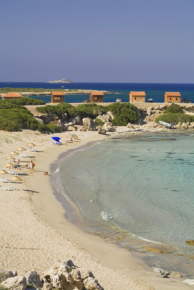 Beach with Sea Bird Restaurant and lodges, near St. Andrew Monastery, Cape St. Andrew and Klides Islands, Karpasia, Karpass Peninsula, Cyprus