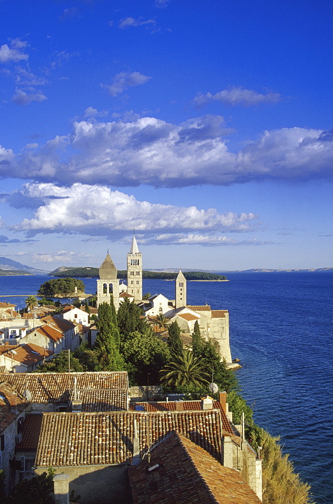 View over Bay of Kvarner and steeples in the sunlight, Rab island, Croatian Adriatic Sea, Dalmatia, Croatia, Europe