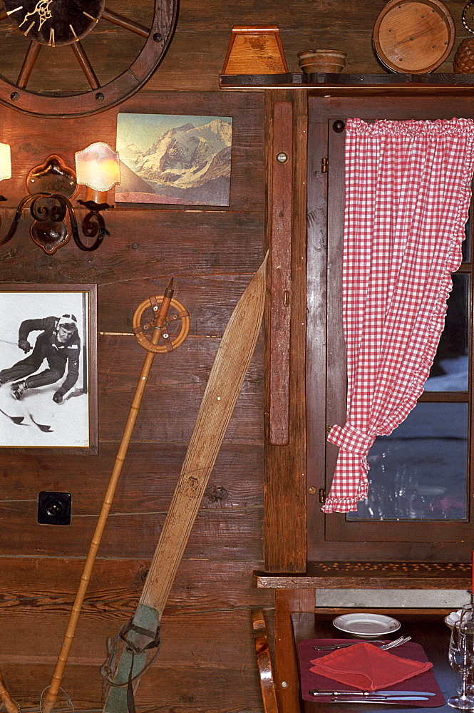 Interior view inside a ski hut, ski hut in the mountains, Skiing, Alps, Winter