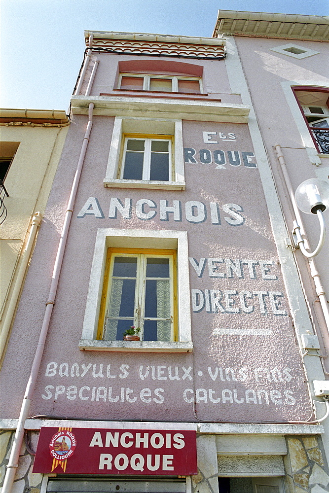 House facade with anchovy caption, Collioure, Languedoc-Roussillon, South France, France