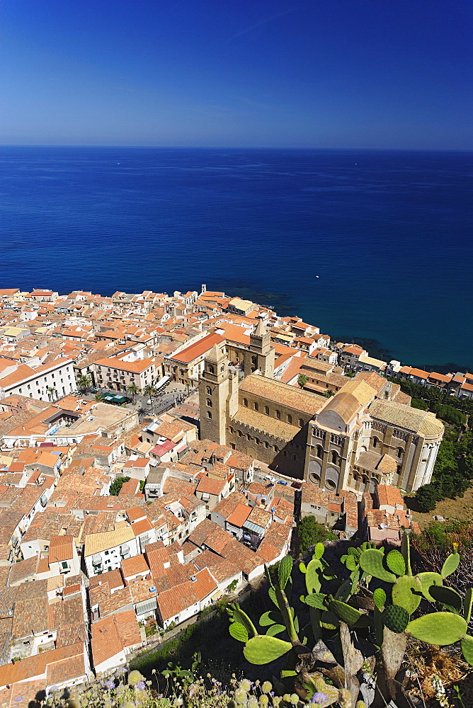 High angle view of Cefalu with Cathedral-Basilica, Cefalu, Sicily, Italy