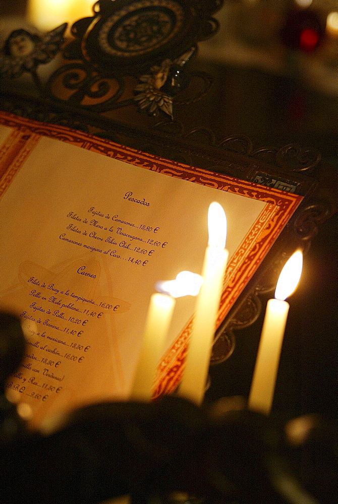 Menu in candle light, Hotel Villa CortÃˆs, Playa de las Americas, Teneriffe, Spain