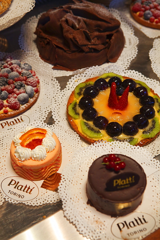 Cakes and tartes on display in Cafe Platti, Turin, Piedmont, Italy