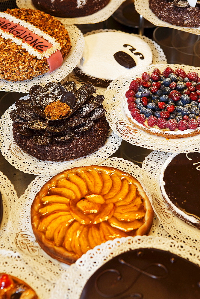 Display of cakes and tartes in Cafe Gerla, Turin, Piedmont, Italy