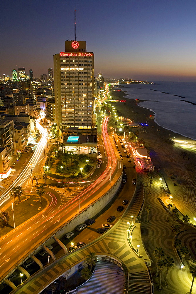 Sheraton Hotel, Herbert Samuel Street and the beaches in the evening, Tel Aviv, Israel, Middle East