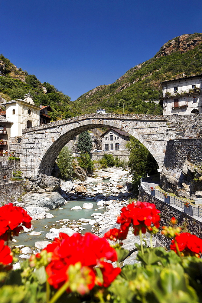 Roman Bridge crossing stream Lys, Pont-Saint-Martin, Aosta Valley, Italy