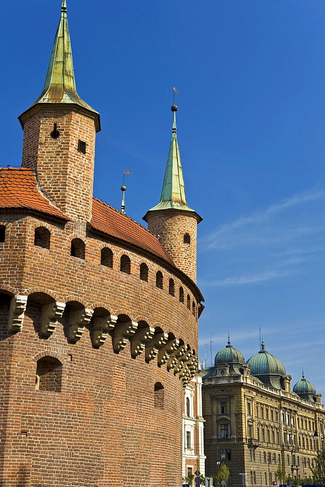 Detail of the Krakow barbican in the sunlight, Krakow, Poland, Europe