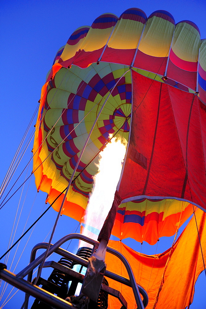 Burner with flash fire filling hot-air balloon, Upper Bavaria, Bavaria, Germany, Europe