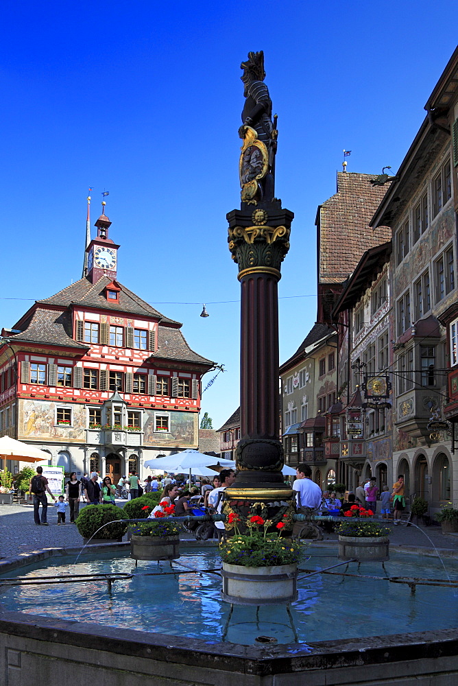 City hall and fountain at the city hall square, Stein am Rhein, High Rhine, Lake Constance, Canton Schaffhausen, Switzerland, Europe