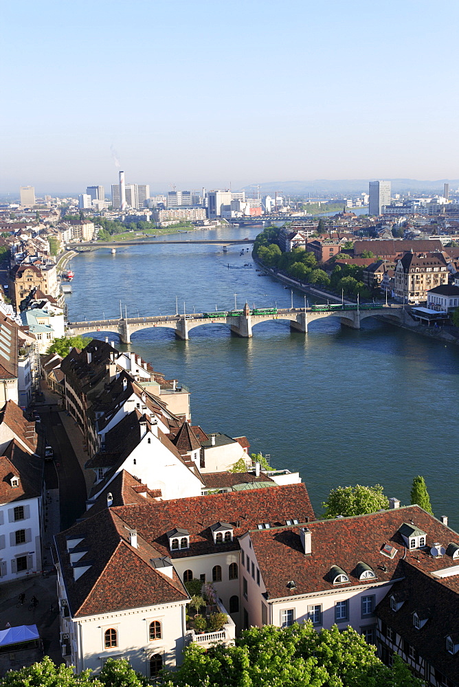 The River Rhine and Bridge, Mittlere Rheinbruecke, Novatis Industrial Complex, Basel, Switzerland