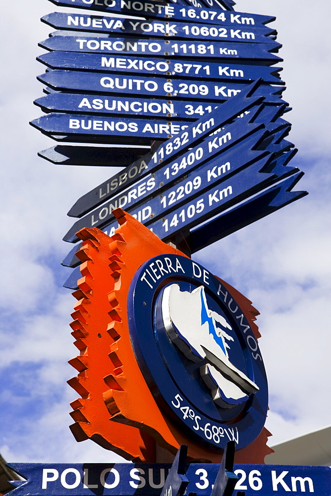 Direction signs, Ushuaia, Tierra del Fuego, Patagonia, Argentina, South America, America