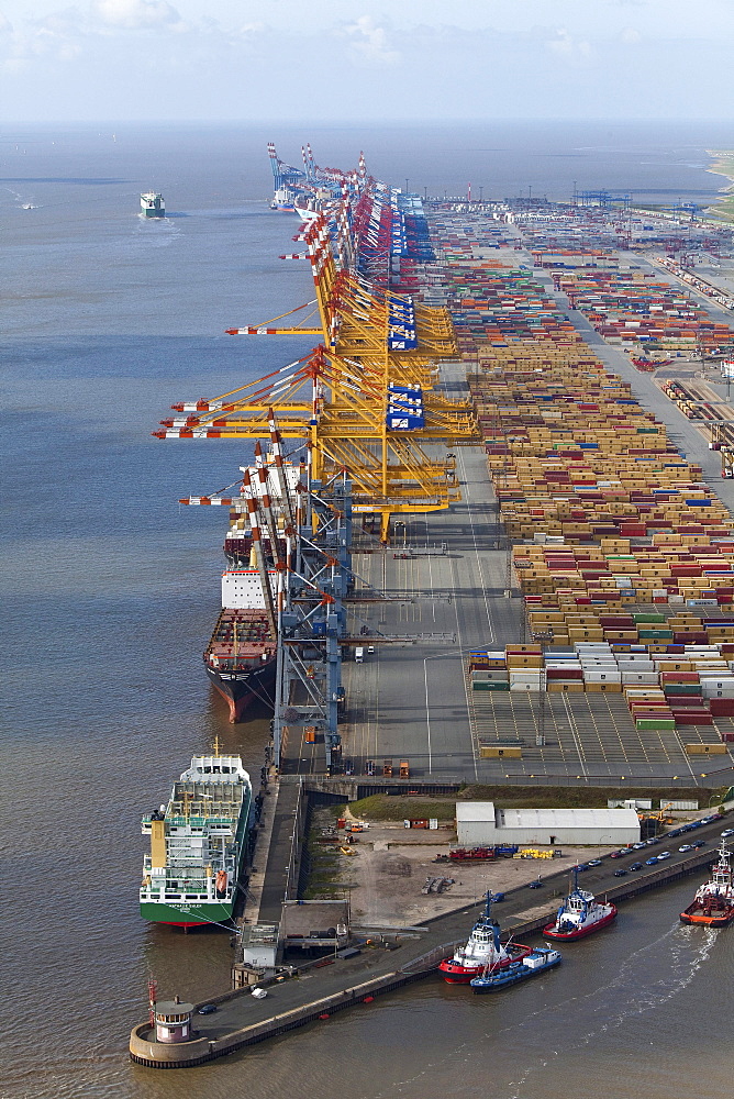 Aerial view of the container port, Containers, loading cranes and ships along the quai, Bremerhaven, northern Germany