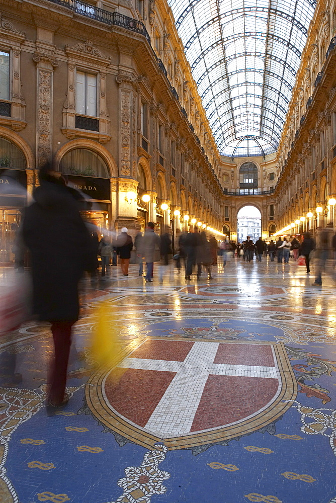 Mosaic and glass roof in the Galleria Vittorio Emanuele II, Milan, Lombardy, Italy