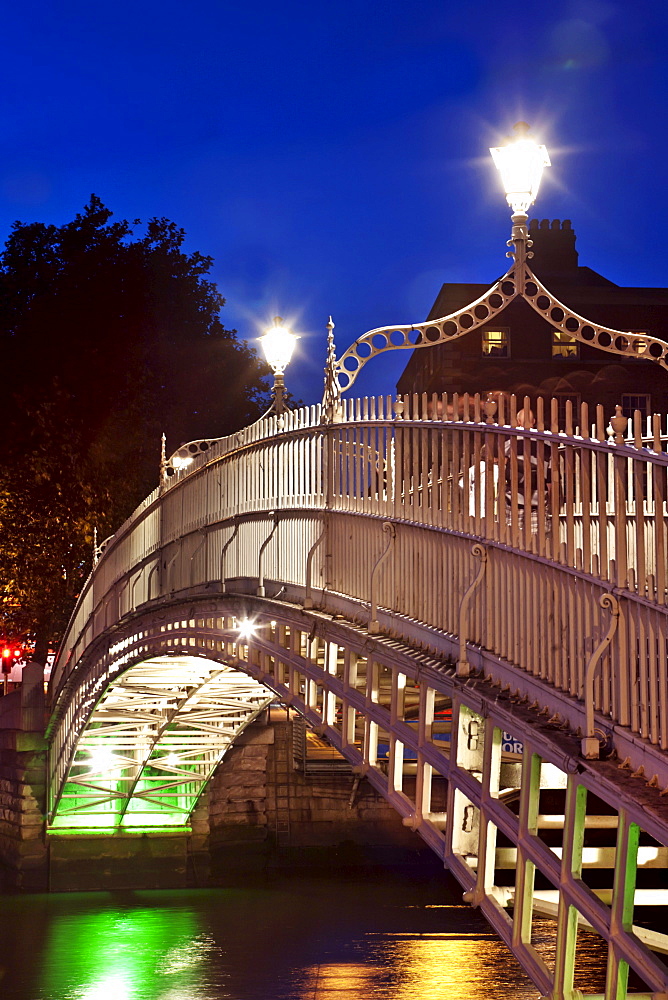 The Ha'Penny Bridge at night, Dublin, County Dublin, Ireland