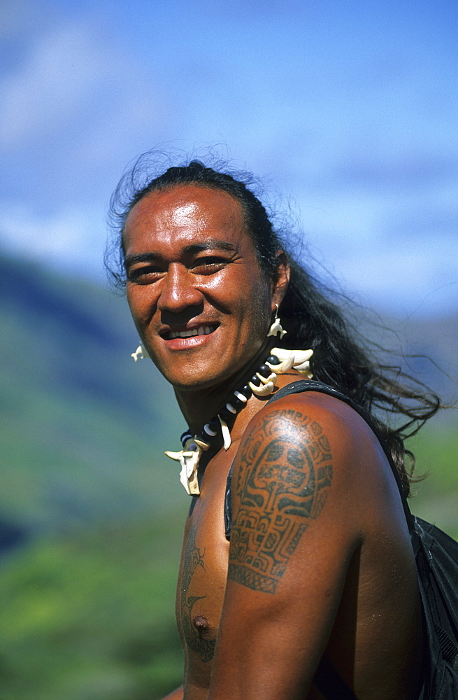 A Polynesiean at Taipi Valley on the island of Nuku Hiva, French Polynesia