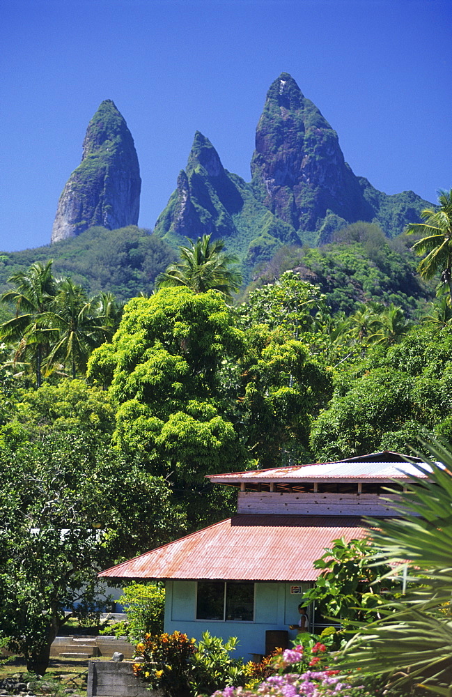 House in the village of Hakahetau on the island of Ua Pou, French Polynesia