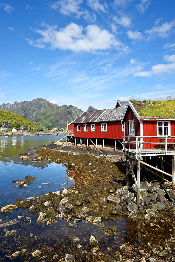 Traditional Rorbu fisherman`s hut, Reine village, Moskenesoya, Lofoten Islands, North Norway, Norway