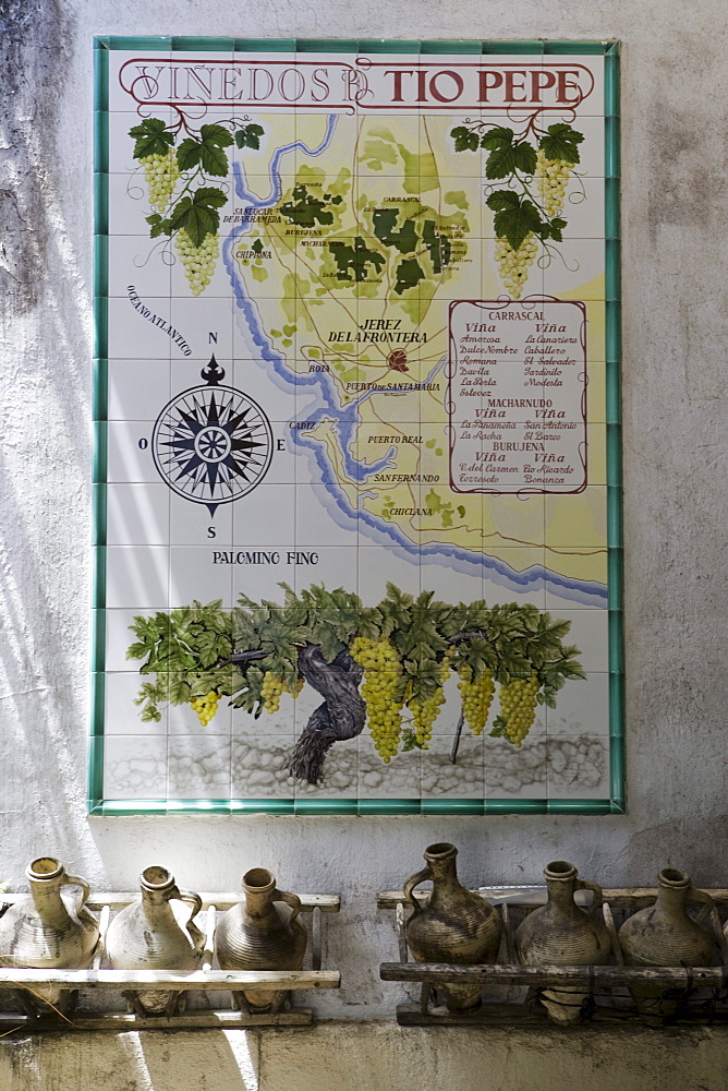 Tiles with map of Bodega Tio Pepe Gonzales Byass vineyards, Jerez de la Frontera, Andalucia, Spain, Europe