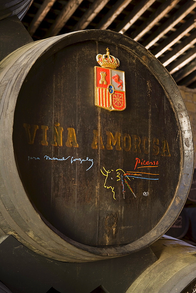 Picasso autographed sherry cask in cellar of Bodega Tio Pepe Gonzales Byass winery, Jerez de la Frontera, Andalucia, Spain, Europe