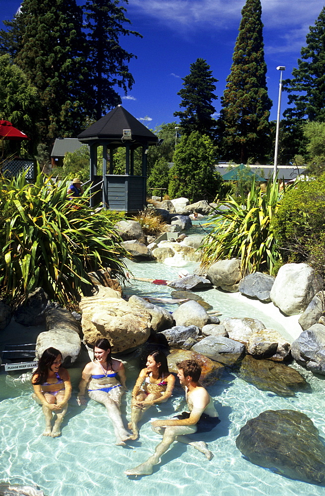 People bathing in the hot springs of Hanmer Springs, South Island, New Zealand